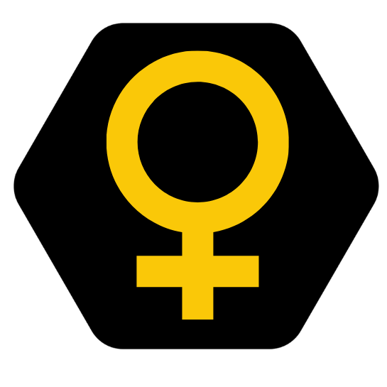 Yellow female symbol on a black hexagonal background